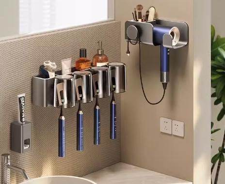 枪灰牙刷架子置物架可拆洗卫生间免打孔壁挂电动牙杯漱口杯吹风机